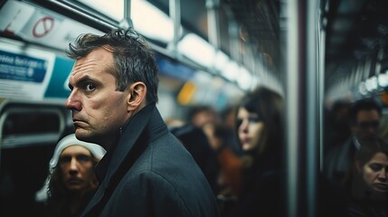 Commuter's Gaze in a Crowded Subway Car