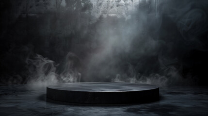 Black podium, black smoke, product platform background, abstract stage, surface, fog, spotlight, black floor podium