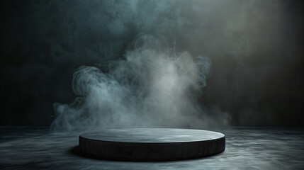 Black podium, black smoke, product platform background, abstract stage, surface, fog, spotlight, black floor podium
