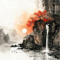 A Chinese architecture with mountain ink painting