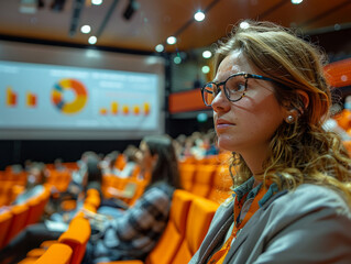 Naklejka premium Audience member observes a business conference presentation, focus on learning and professional development