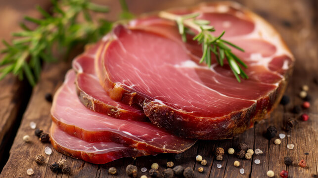 Aged dry ham cut into slices on the table, environmentally friendly and natural food.