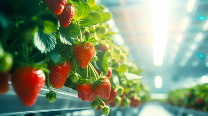 Strawberry grow in hi-tech controlling environment with bright light in research and experiment theme, concept for future agricultural, vertical farming, high- tech garden tools, Hydroponic garden - obrazy, fototapety, plakaty