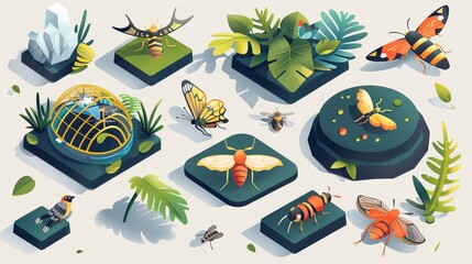 A set of flat vector illustrations in 3D isometric style, showcasing various wild animal and insect traps.