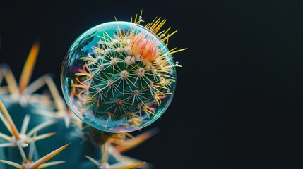 A soap bubble hovering close to a cactus on a black background represents the concepts of risk, danger, and fragility
