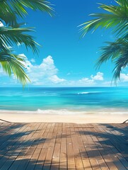 Wooden Floor, Blue Sky and White Clouds, Palm Leaves Above the Wooden Boardwalk with Sea in Background, Bright Colors, Ultrahigh Definition Images, High Resolution
