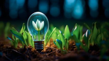 A green bulb on the ground illuminates the buds in the undergrowth with a soft green light. Blooming plant inside light bulb