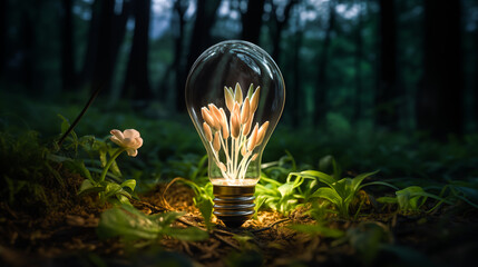 A green bulb on the ground illuminates the buds in the undergrowth with a soft green light. Blooming plant inside light bulb - obrazy, fototapety, plakaty
