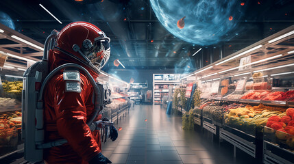 Astronaut in aisle of futuristic supermarket. Astronaut stands in aisle of future supermarket, space station	
