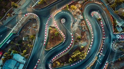Fototapeta premium An aerial top view captures a race kart track, illustrating the track layout for auto racing with a clear view of asphalt curves and street circuits