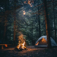 A tent in forest with bonfire at night