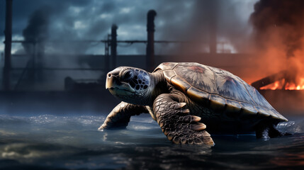 Sea turtle on the background of an industrial plant polluting the water and the atmosphere. Disease and death of reptiles and animals due to oil spills, waste and microplastics