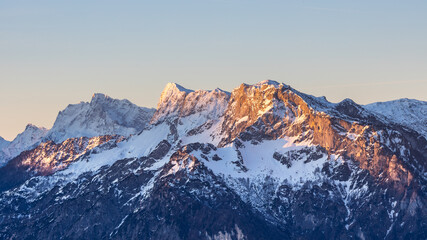 Alpine mountain view with first sunlight in the morning. Untersberg mountain seen from the austrian side in Salzburg.