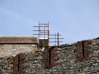 Scaffolding on nineteenth-century masonry undergoing restoration