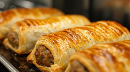 Newly made sausage rolls with puff pastry cooling on a tray