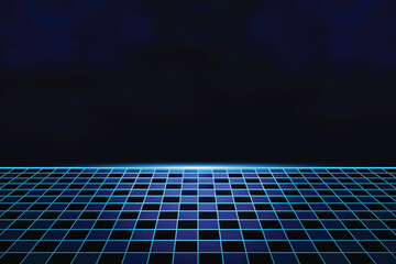 Blue retro cyberpunk futuristic background. Sci-Fi with chessboard floor background. Neon light grid landscapes. 80s, 90s