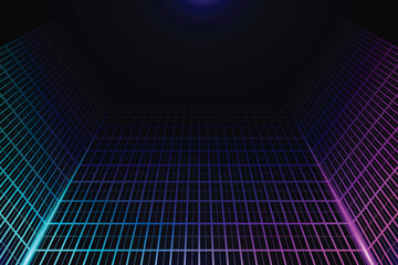 Retro futuristic cyberspace perspective rectangular tunnel. Grid tunnel geometry on black background