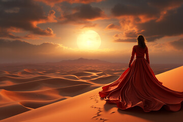 Nature, states of mind, travel, beauty and fashion concept. Woman with red dress standing on dune and looking to desert horizon. Big sun covered with clouds in the sky during daytime
