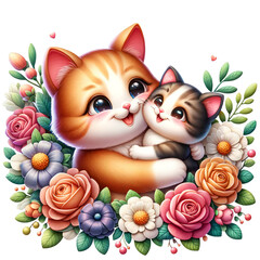 Loving cats surrounded by vibrant flowers and playful butterflies. Clipart on Transparent Background.

