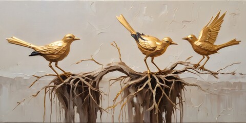 Birds perched on a branch with gold paint, birds, a fine art painting, figurative art, home art, wall art, home posters, wide landscape orientation poster - obrazy, fototapety, plakaty