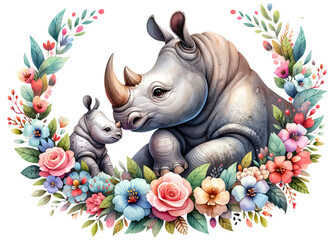 Rhino and calf sharing a loving nuzzle within a ring of delicate flowers. Clipart on Transparent Background.