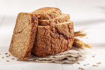 Healthy loaf of rye bread baked in home bakery.
