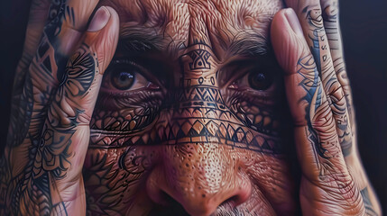 Obraz premium A person with detailed henna designs on their hands covering their face, creating a sense of mystery and culture. 