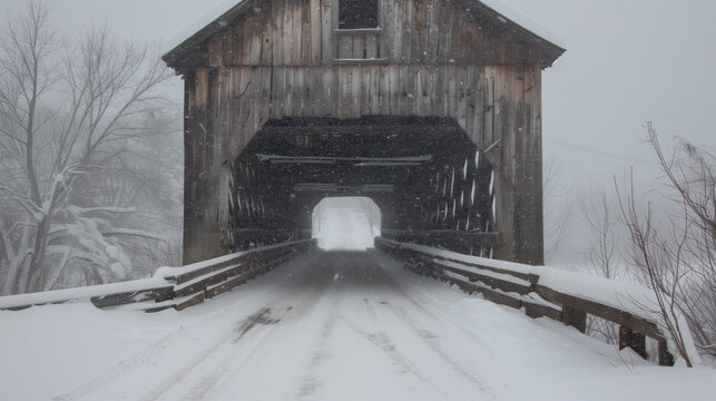 Old rickety wooden covered bridge in blizzard