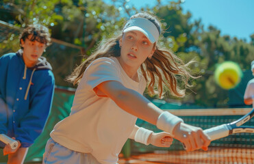 Photo of two young Italian friends playing tennis, one woman and the other man in plain white visor, they play on an outdoor red clay court surrounded by green trees
