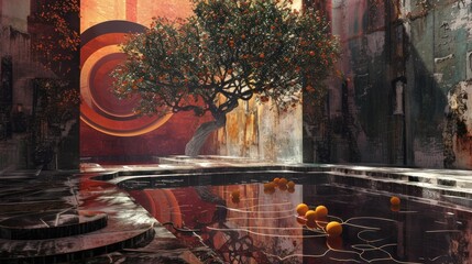An overgrown courtyard with a large orange tree in the center. The oranges are falling into the reflecting pool. - obrazy, fototapety, plakaty