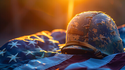 A worn soldier's helmet rests on a folded American flag, bathed in golden light.
