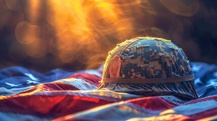 A worn soldier's helmet rests on a folded American flag, bathed in golden light.
