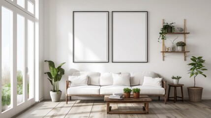 Naklejka na ściany i meble 2 frame mockups on a modern farmhouse style living room concept with green plant decoration, 3d render, 3d illustration
