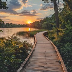 Sunset view on a beautiful lake with bridge