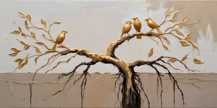 Birds perched on a branch with gold paint, birds, a fine art painting, figurative art, home art, wall art, home posters, wide landscape orientation poster