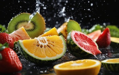 Assorted fruits splashing in water on a table, including clementines and Rangpur