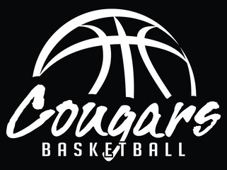 Cougars Basketball Team Graphic White Version is a sports design template that includes graphic Cougars text and a stylized basketball. This is a great modern design for advertising and promotions.