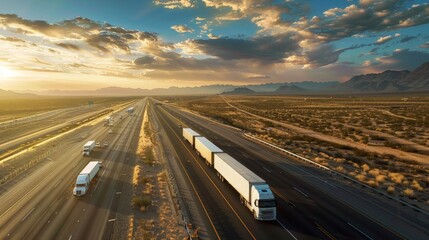 Sunset Over Desert Highway with Trucks
