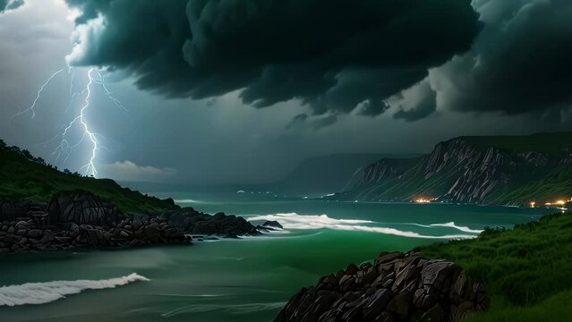 Video Animation of powerful storm over a coastal landscape. Dark, swirling clouds dominate the sky, pierced by a fierce lightning bolt that illuminates the turbulent sea below.