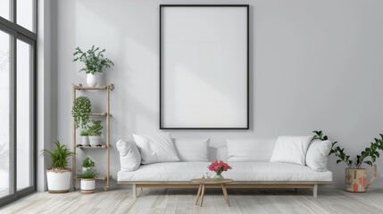 frame mockup of a modern living room concept with green plant decoration in the house, 3d rendering, 3d illustration