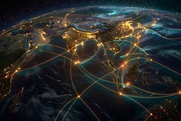 Looking at the Submarine Cable Map from space gives us a view of how the internet and communications are linked worldwide.
