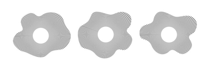 Circular sound waves audio music round symbols of voice equalizers radial spectrum designs ring patterns. Vector