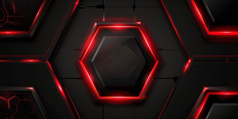 Abstract black red grey, metallic carbon, neutral overlap red light hexagon