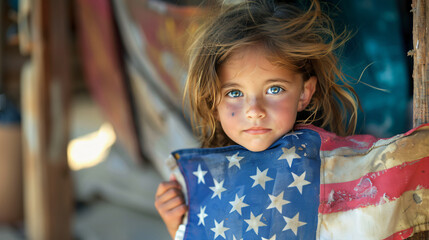 A young child holds a worn American flag, their eyes filled with curiosity as they learn about Memorial Day traditions.
