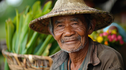 Elderly Asian Farmer Wearing a Traditional Hat Smiling Near a Basket of Fresh Produce
