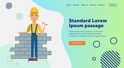 Construction worker building wall. Man  in overall and helmet holding hammer. Flat vector illustration. Building, occupation, manual worker, profession concept for website design, banner, landing page