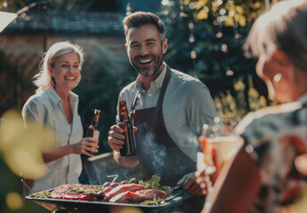 smiling friends having barbecue in garden, one man with apron holding beer bottle and barbeque meat on grill plate outdoors during sunny day