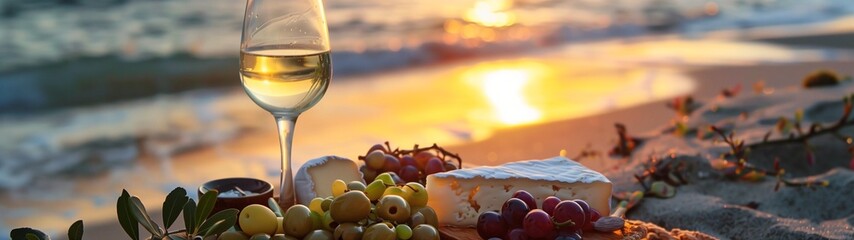 Relaxation, vacation, tourist attractions With a natural atmosphere, drinking wine, picnicking on the beach. - obrazy, fototapety, plakaty