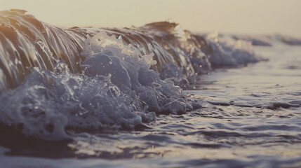 The ocean is calm and peaceful, with a gentle wave breaking on the shore