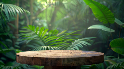 A wooden table with a round top in a jungle setting